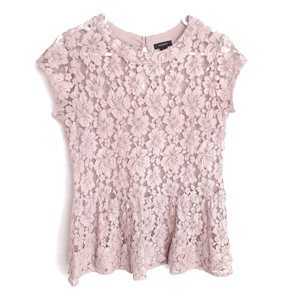 HALOGEN Blush Floral Embroidered Lace Sheer Peplum Blouse Size Small